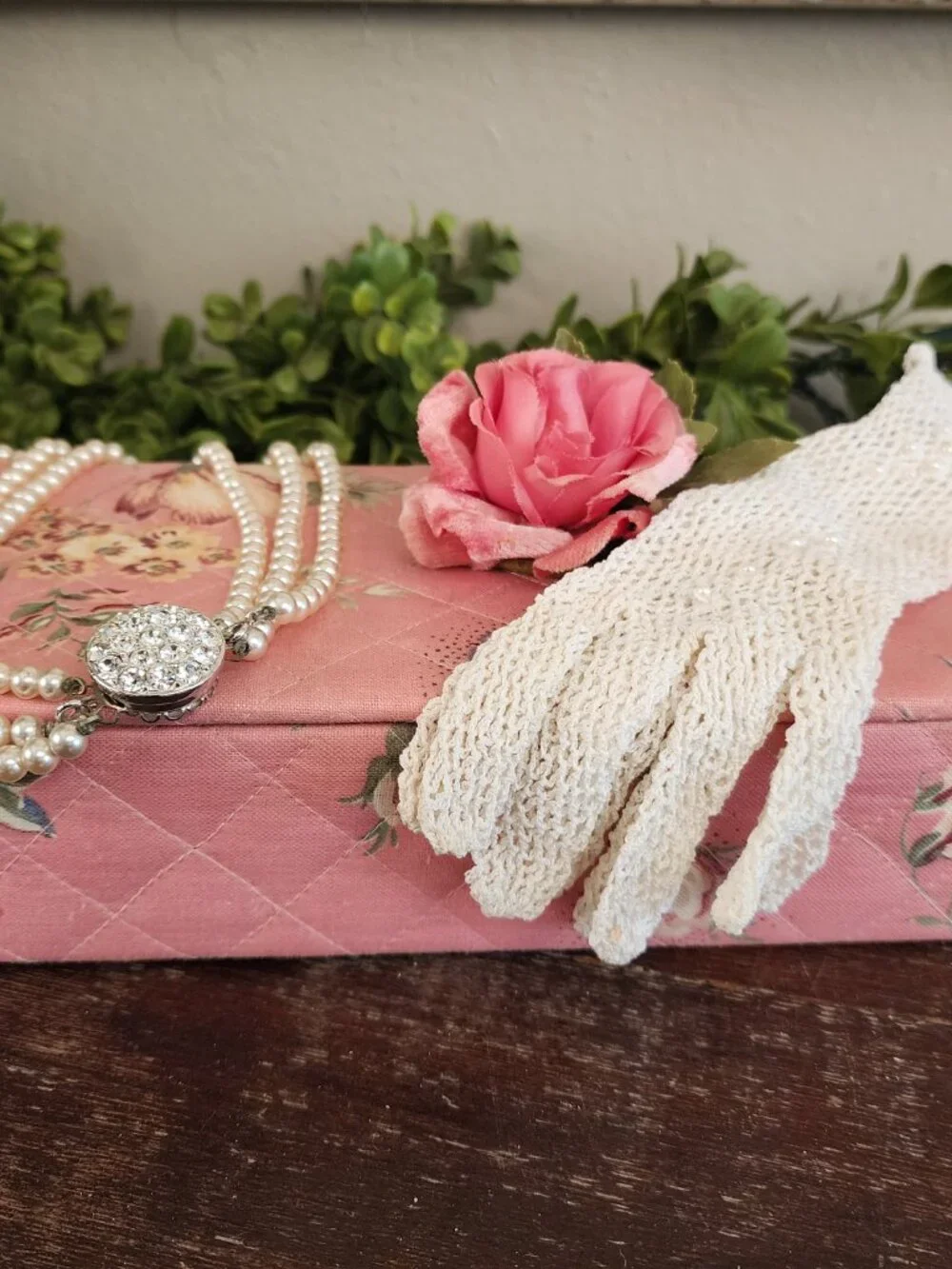 Vintage 1940's Pink Floral Covered Padded & Quilted Glove Dresser Box